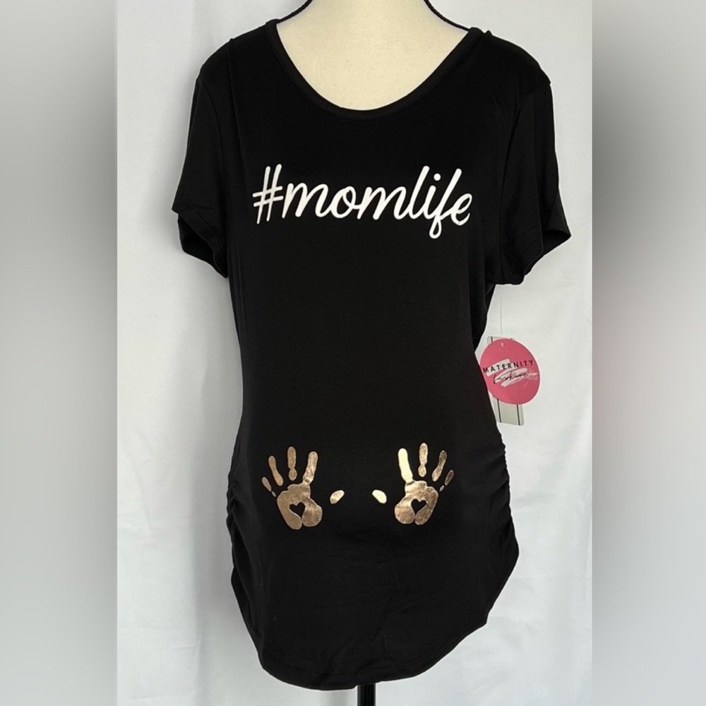 Ruby & Lace Maternity Short Sleeve Ruched Side Stretch #momlife Black T-Shirt L